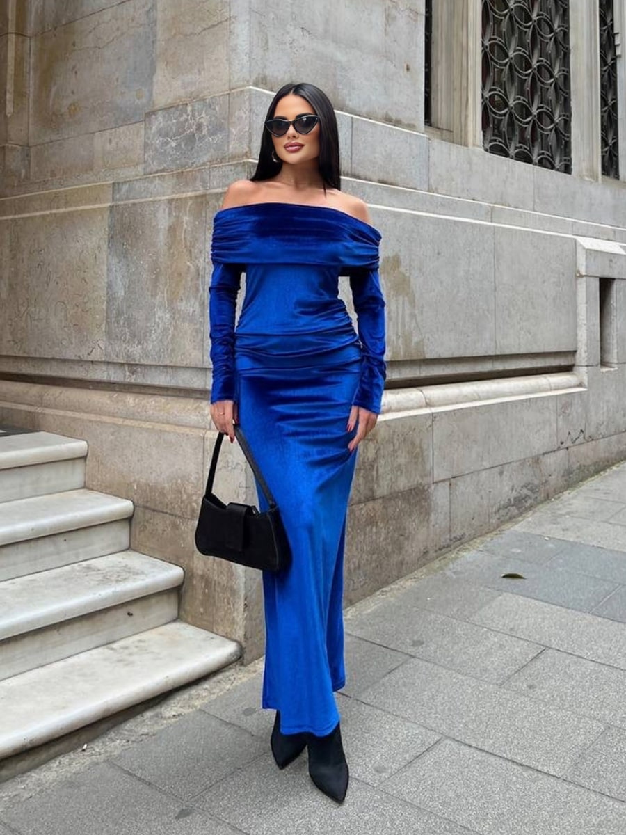 velvet ruched long sleeve dress Velvet Off Shoulder Ruched Long Sleeve Dress