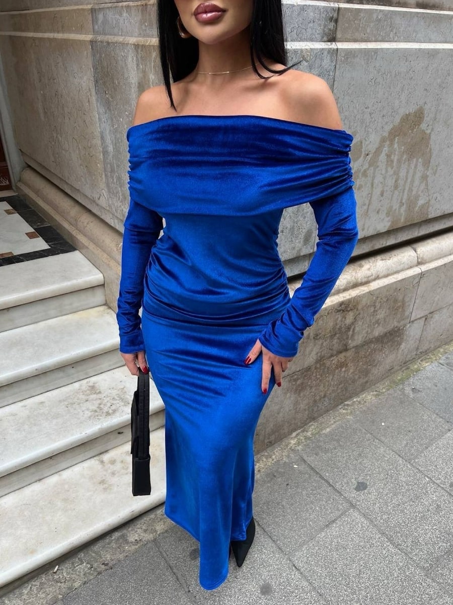 velvet off the shoulder long sleeve dress Sheath/Column Off-the-shoulder Long Sleeves Velvet luxury Evening Dresses Black