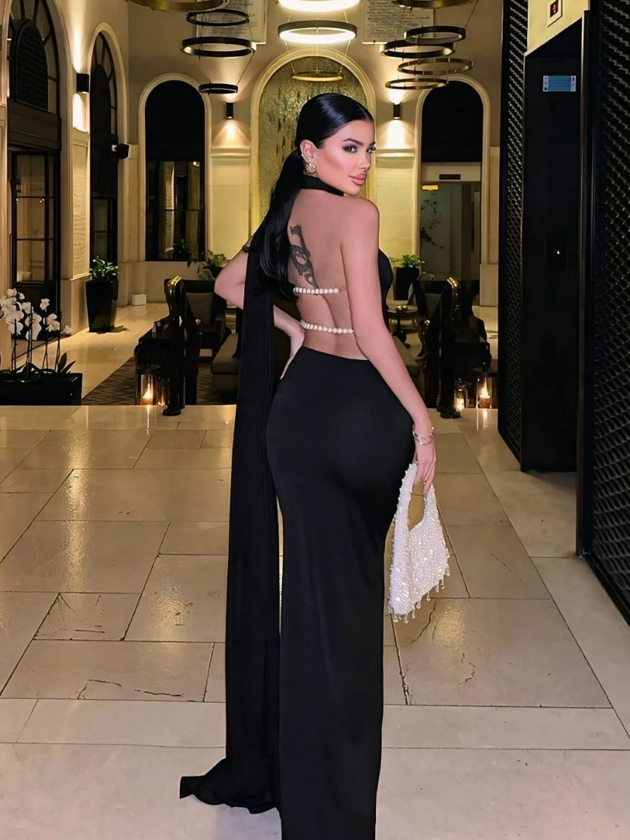 Asymmetrical Neck Draped Backless Dress With Faux Pearls Asymmetrical Neck Draped Backless Dress With Faux Pearls