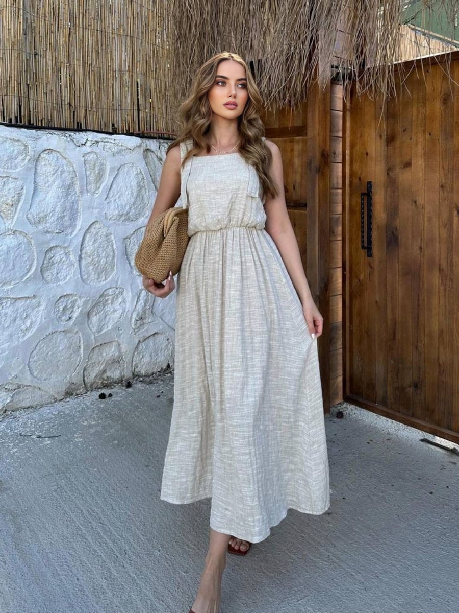 Neutral Tone Midi Dress With Gathered Waist Neutral Tone Midi Dress With Gathered Waist