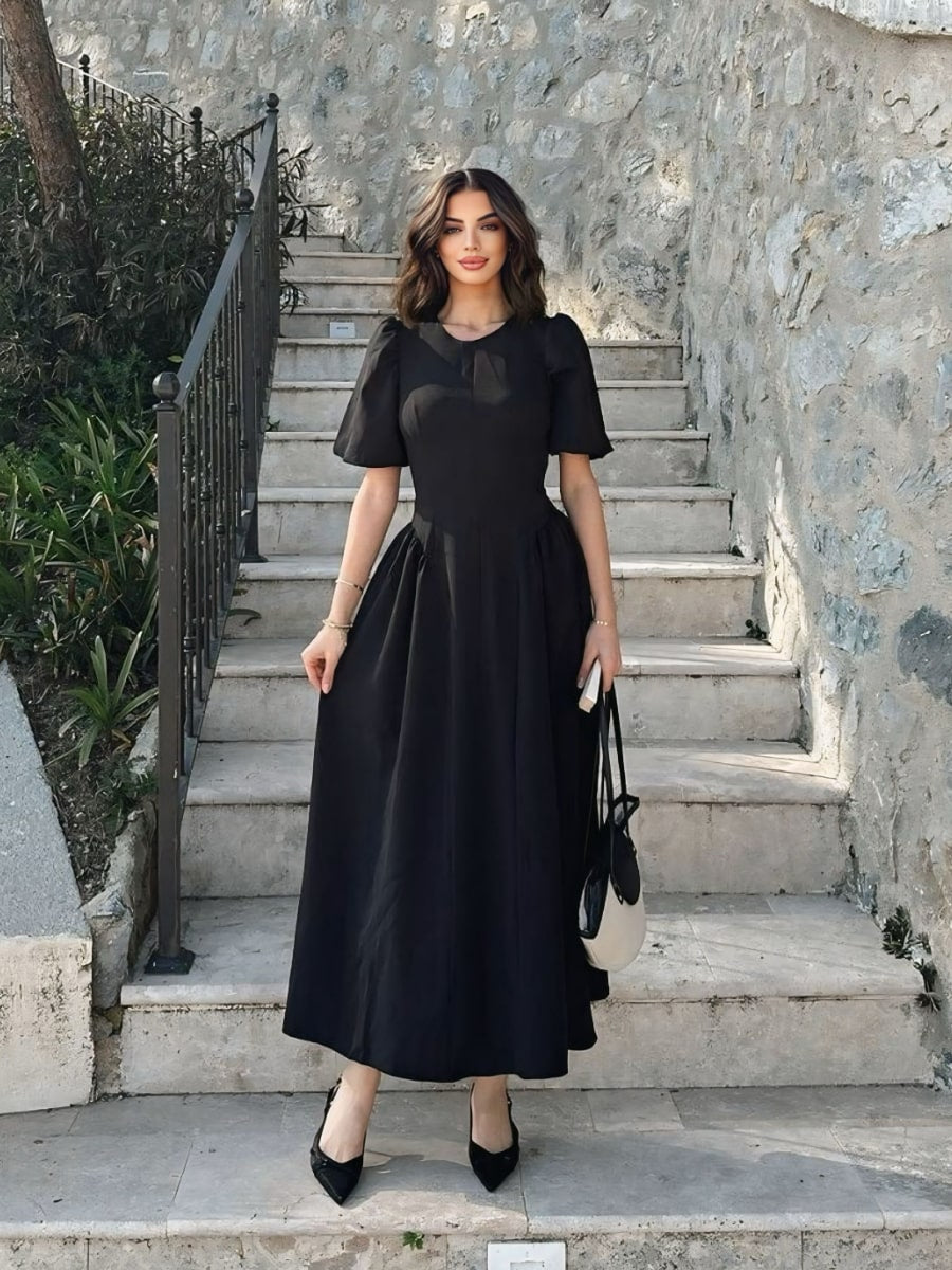 Solid Color Round Neck Puff Sleeve Cinched Waist A-Line Dress Solid Color Round Neck Puff Sleeve Cinched Waist A-Line Dress