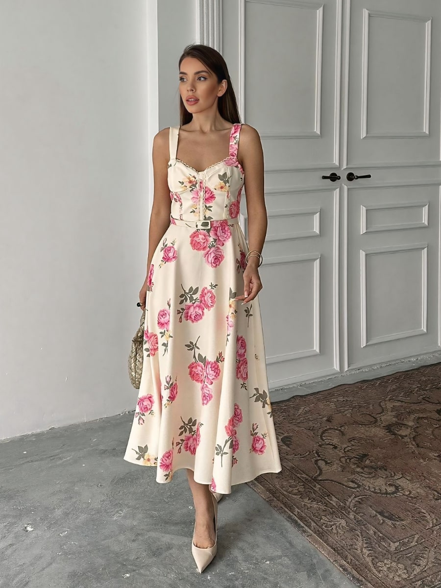 Floral Sleeveless A-Line Belted Dress - Pastel Yellow / S Floral Sleeveless A-Line Belted Dress - Pastel Yellow / S