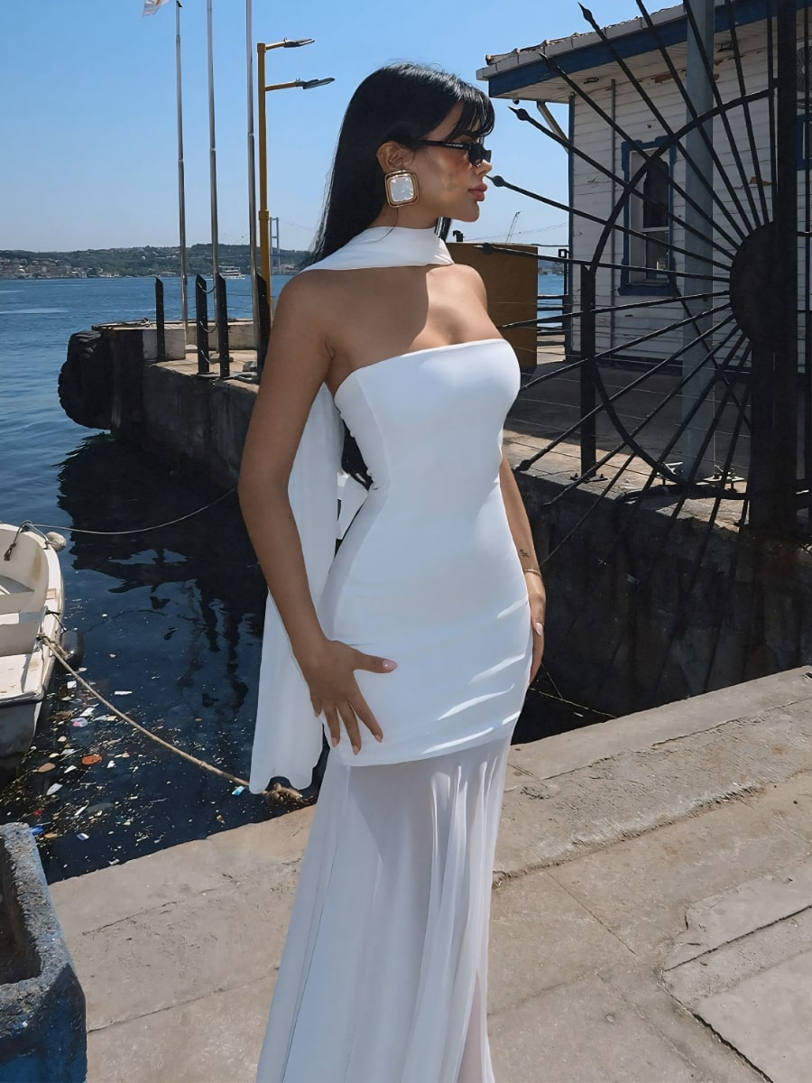 Ruffle Mesh Hem Tube Dress With Draped Scarf Famekey Ruffle Mesh Hem Tube Dress With Draped Scarf Famekey