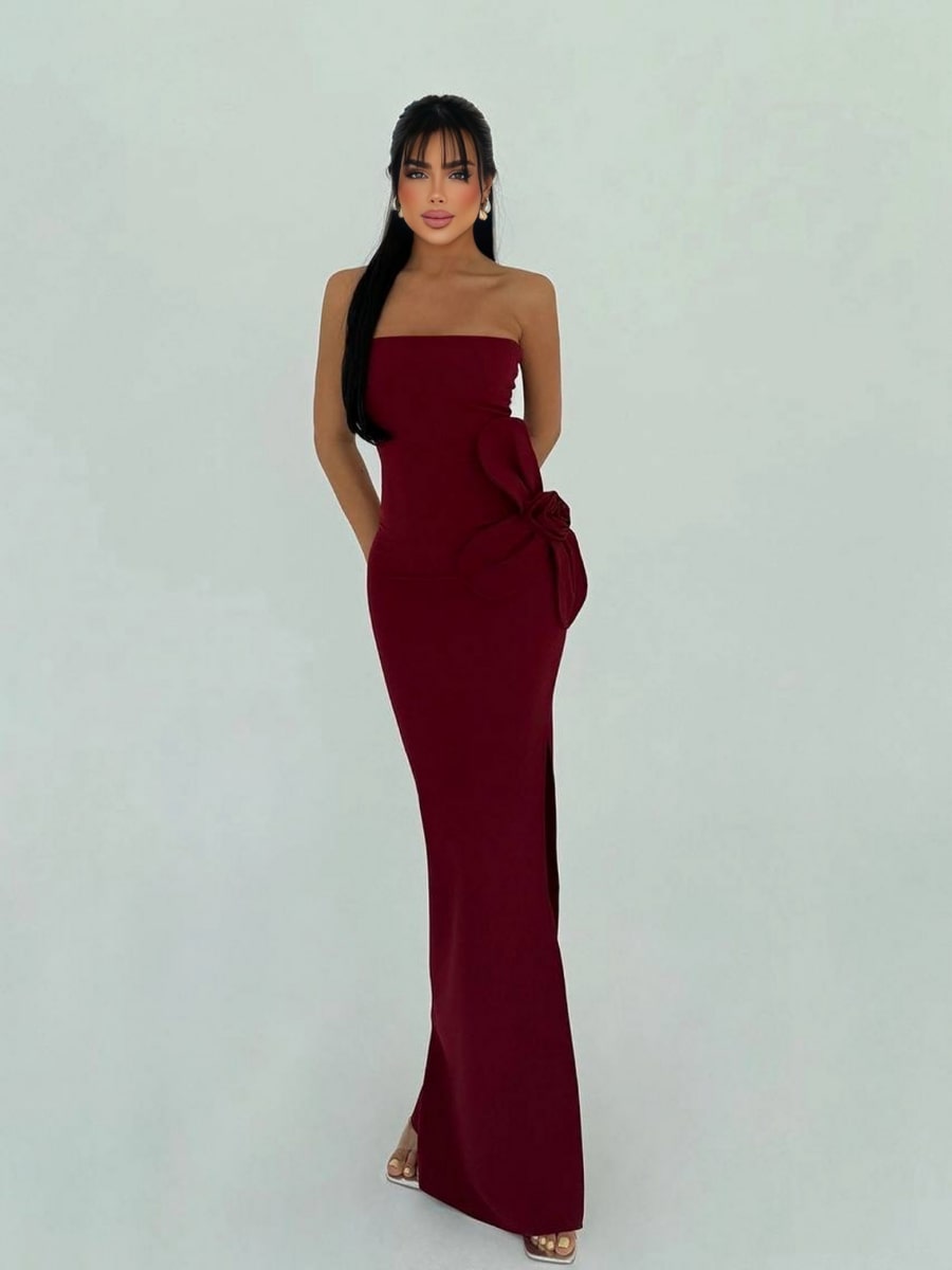 3D Floral Decor Bandeau Bodycon Elegant Dress – Famekey