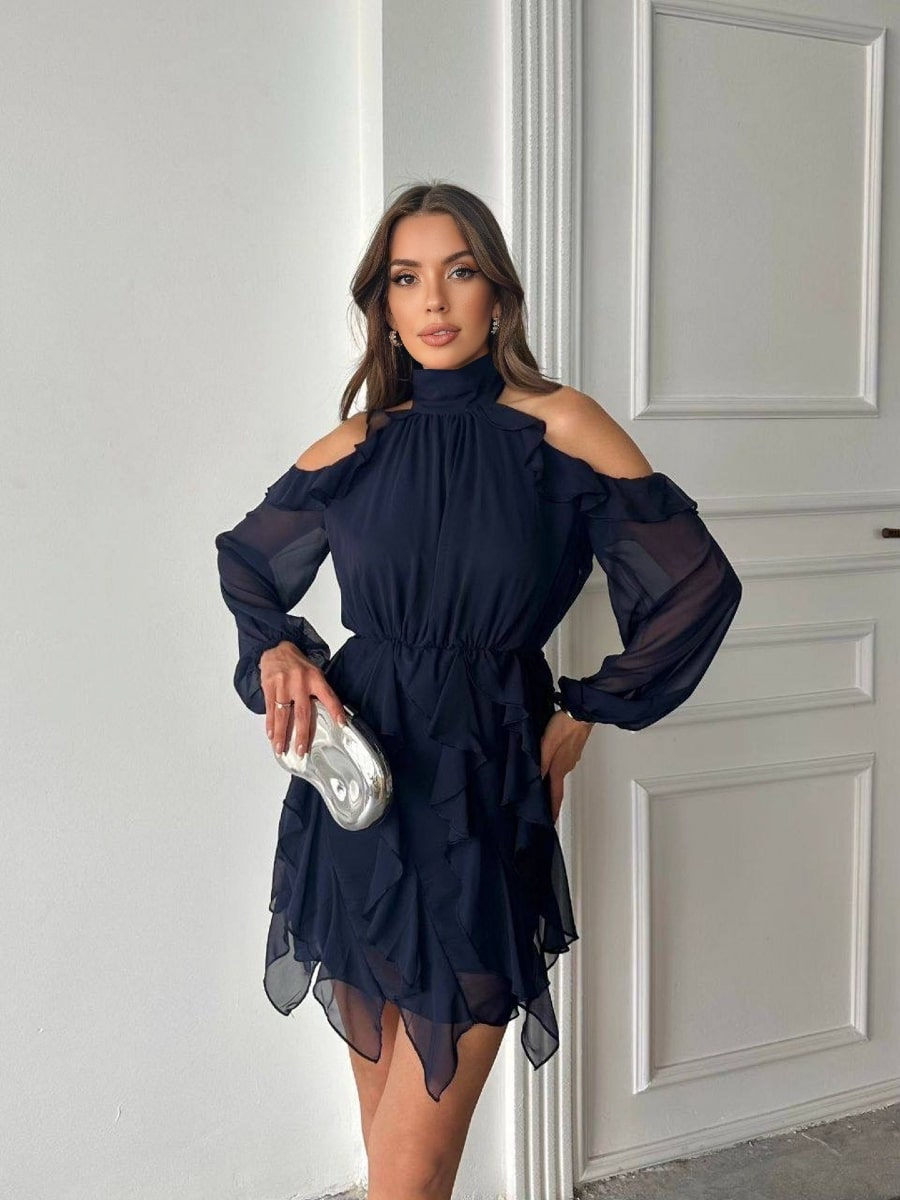 Halter Neck Cold Shoulder Dress With Ruffles Famekey Halter Neck Cold Shoulder Dress With Ruffles Famekey
