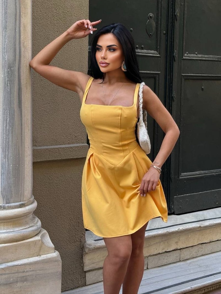 Casual Plain Low-Cut Waist Cinched Mini Short Dress Casual Plain Low-Cut Waist Cinched Mini Short Dress