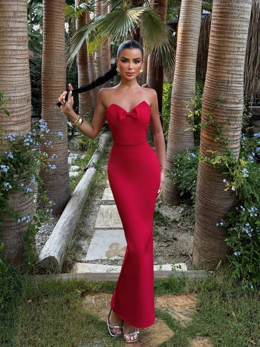 Strapless Sweetheart Neckline Bow Detail Bodycon Dress Famekey Strapless Sweetheart Neckline Bow Detail Bodycon Dress Famekey
