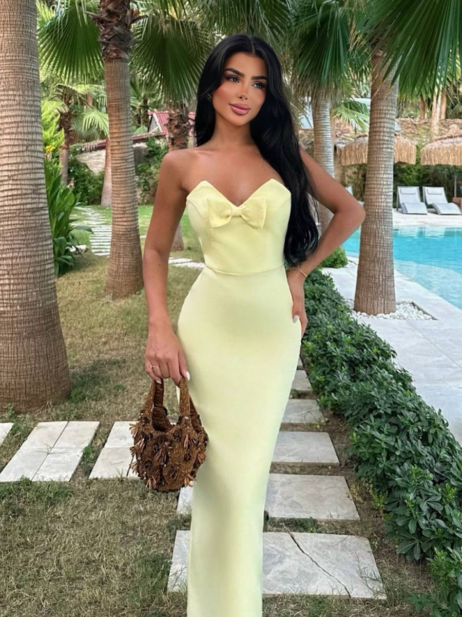 Strapless Sweetheart Neckline Bow Detail Bodycon Dress – Famekey