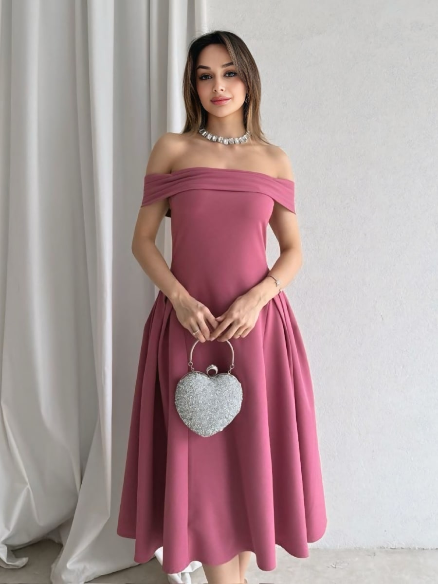 Solid Color Off-The-Shoulder Midi A-Line Dress Famekey Solid Color Off-The-Shoulder Midi A-Line Dress Famekey