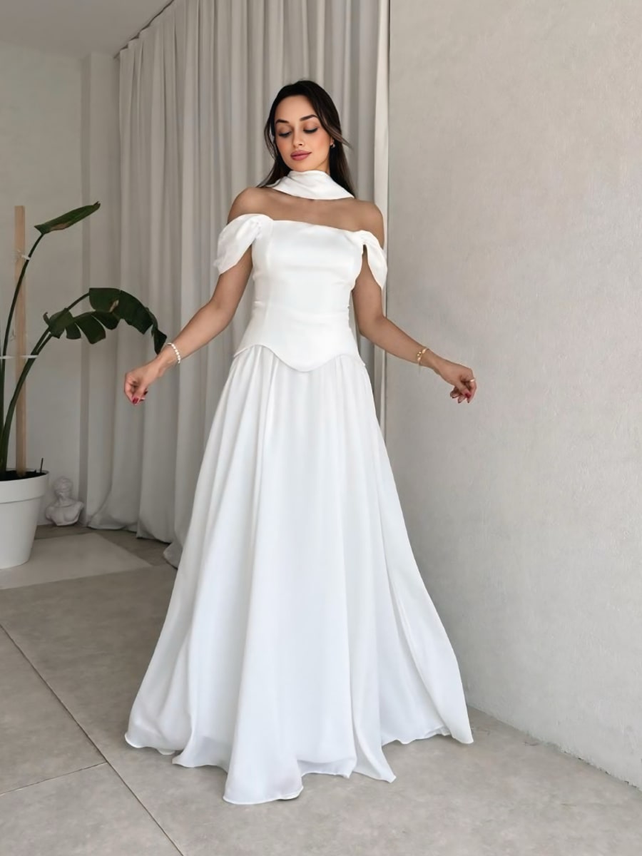 Elegant Off-Shoulder Gown With Draped Sleeve Flowing Chiffon Skirt & M Famekey Elegant Off-Shoulder Gown With Draped Sleeve Flowing Chiffon Skirt & M Famekey
