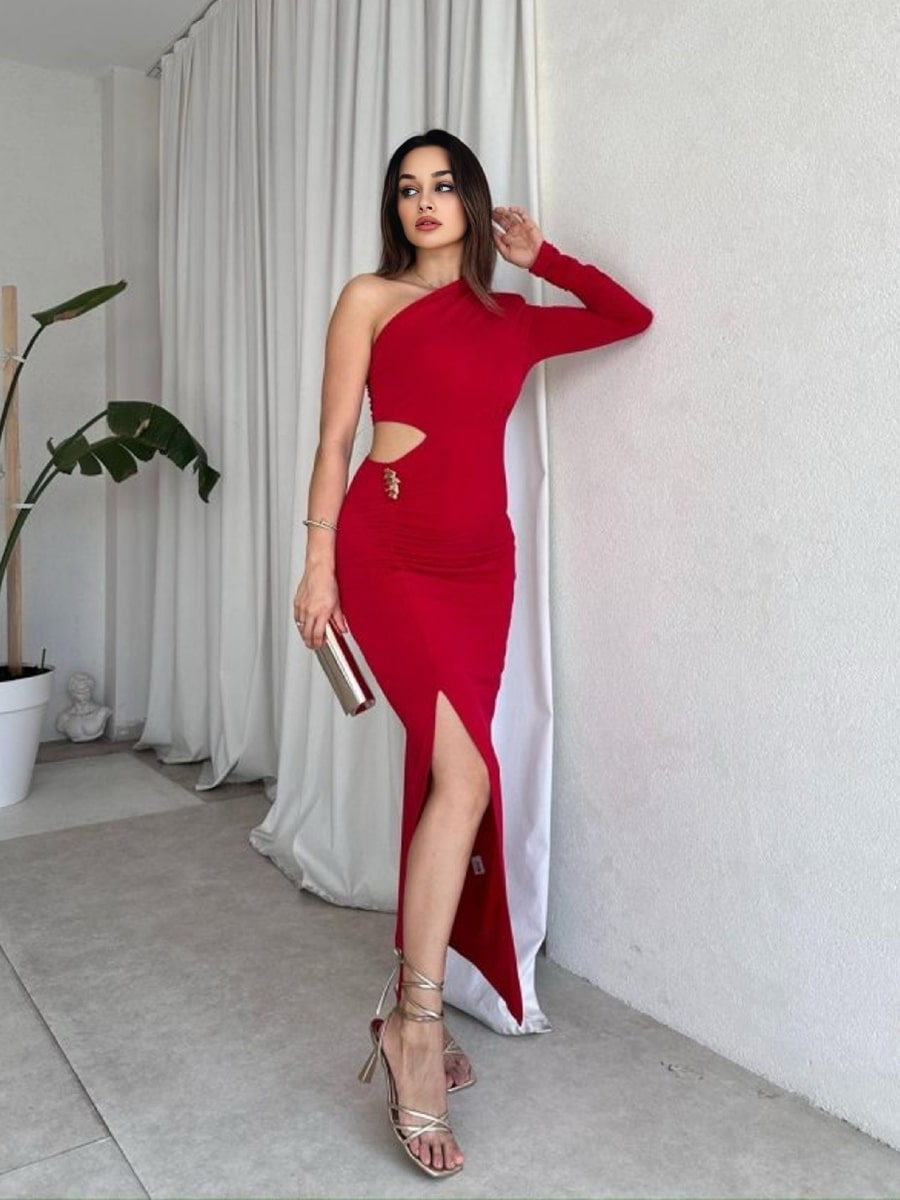One Shoulder Cut Out High Slit Bodycon Dress Famekey One Shoulder Cut Out High Slit Bodycon Dress Famekey