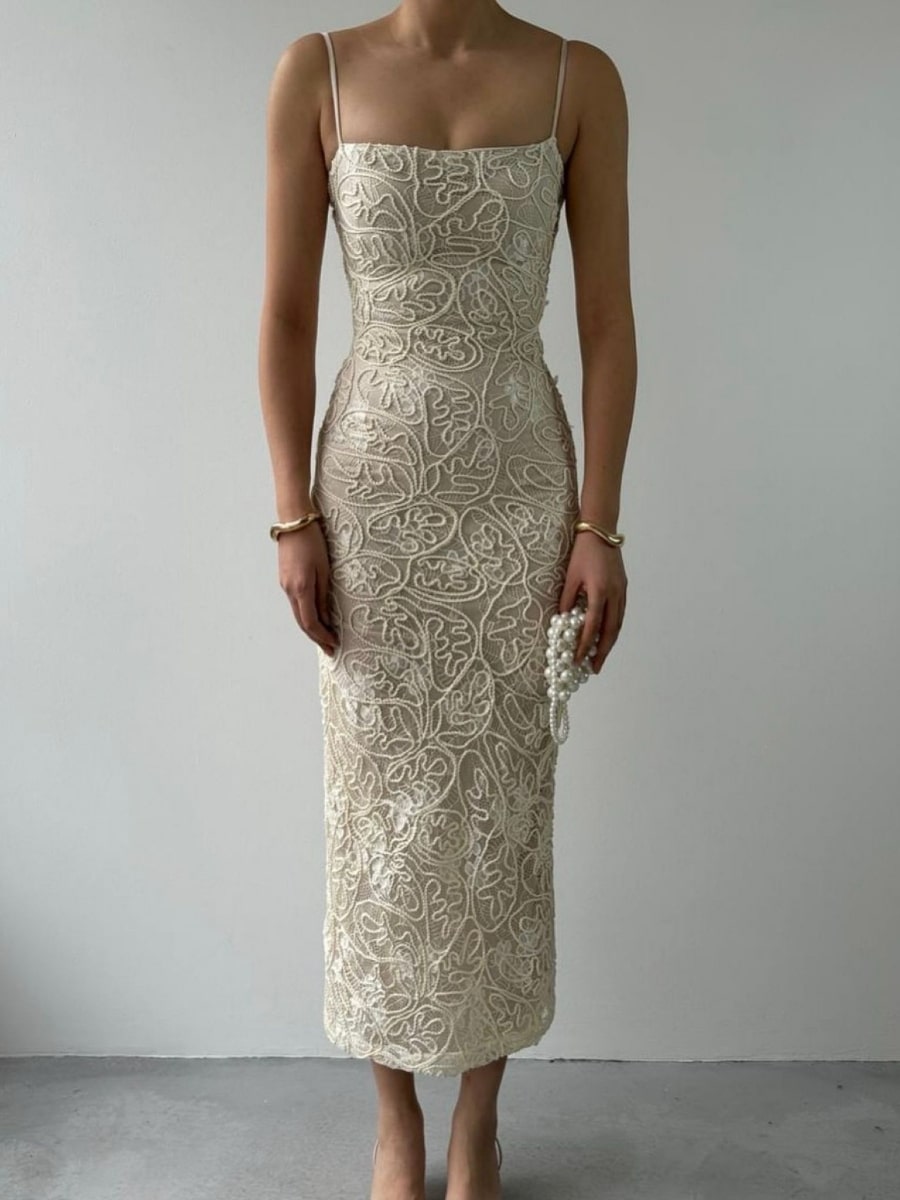 Elegant Jacquard Textured Cami Bodycon Dress – Famekey