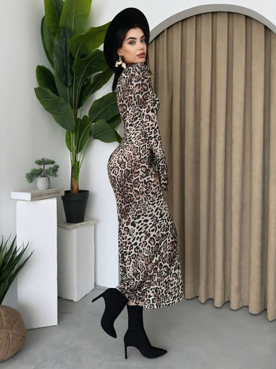 leopard print midi bodycon dress Anna-Kaci Women's Long Sleeve Leopard Print Bodycon Midi Dress with Crew Neck and Stretch Fit, Large 12-14 / Brown