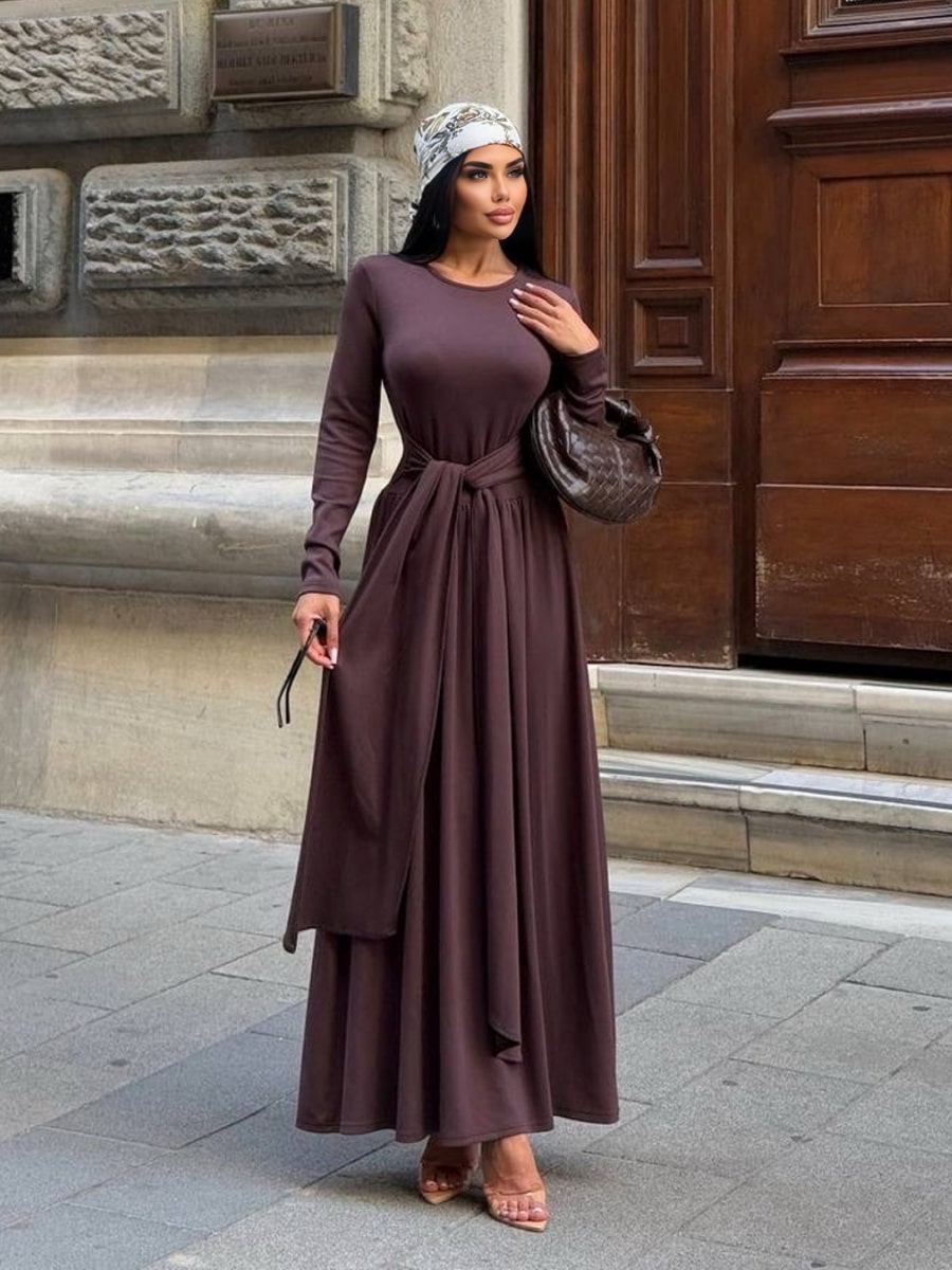 Long Sleeve Tie Waist Bodycon Maxi Dress