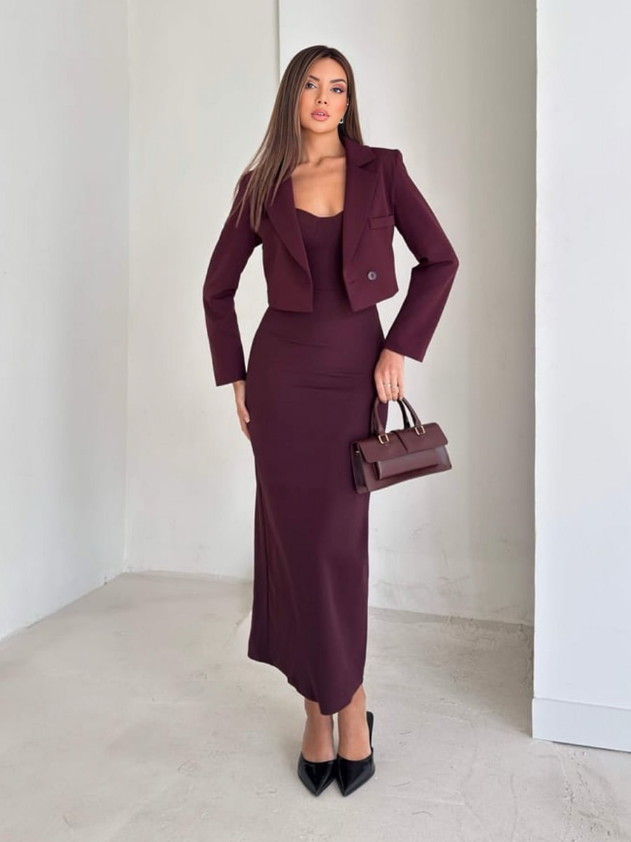 2pcs Sleeveless Crisscross Back Bodycon Dress & Crop Long Sleeve Blaze – Famekey 2pcs Sleeveless Crisscross Back Bodycon Dress & Crop Long Sleeve Blaze – Famekey