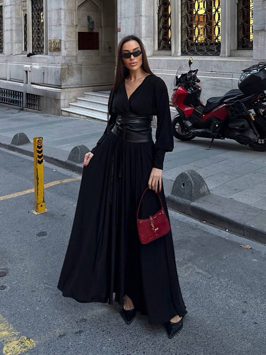 V-Neck Long Sleeve With Belt Ruffle Hem Elegant Dress Famekey V-Neck Long Sleeve With Belt Ruffle Hem Elegant Dress Famekey