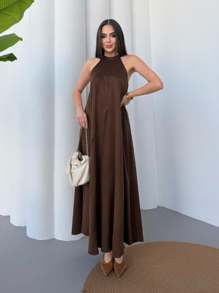 Suede Halter Neck Flowy Maxi Dress Famekey Suede Halter Neck Flowy Maxi Dress Famekey