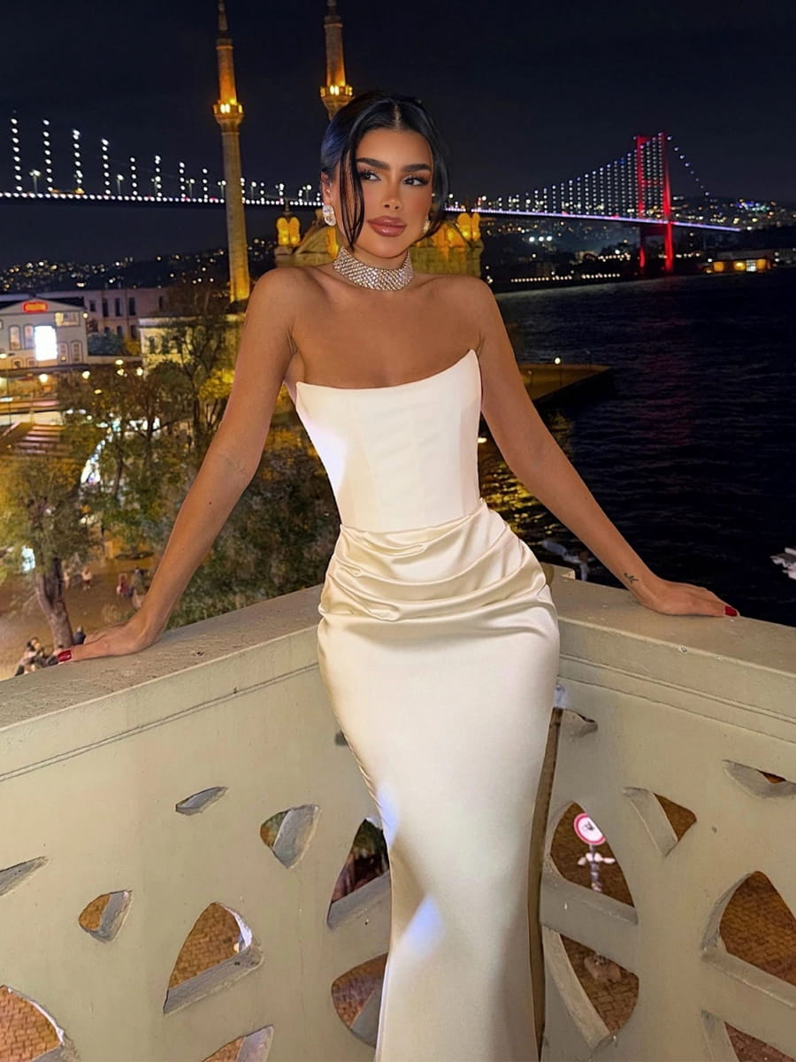Satin Strapless Boned Corset Ruched Bodycon Mermaid Maxi Dress Famekey Satin Strapless Boned Corset Ruched Bodycon Mermaid Maxi Dress Famekey