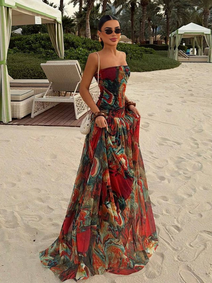 Boho Marble Print Strapless Flowy Maxi Dress Famekey Boho Marble Print Strapless Flowy Maxi Dress Famekey