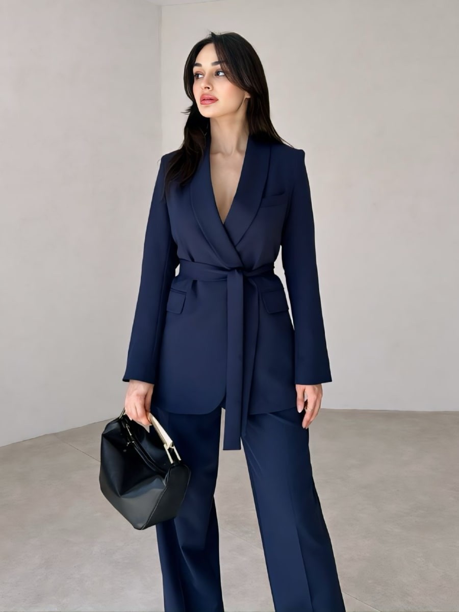 Solid Belted Blazer With Suit Pants Set