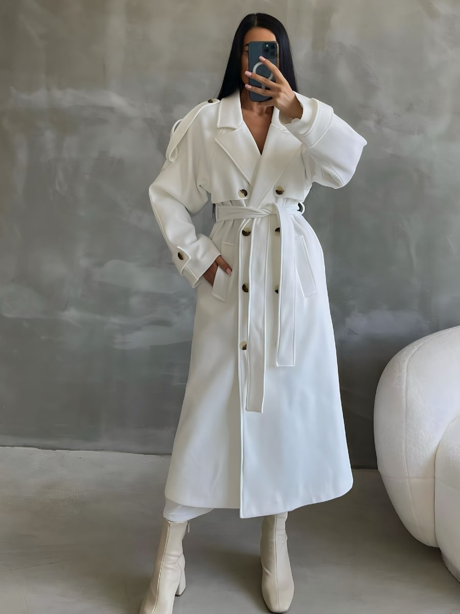 Double Breasted Belted Lapel Collar Overcoat