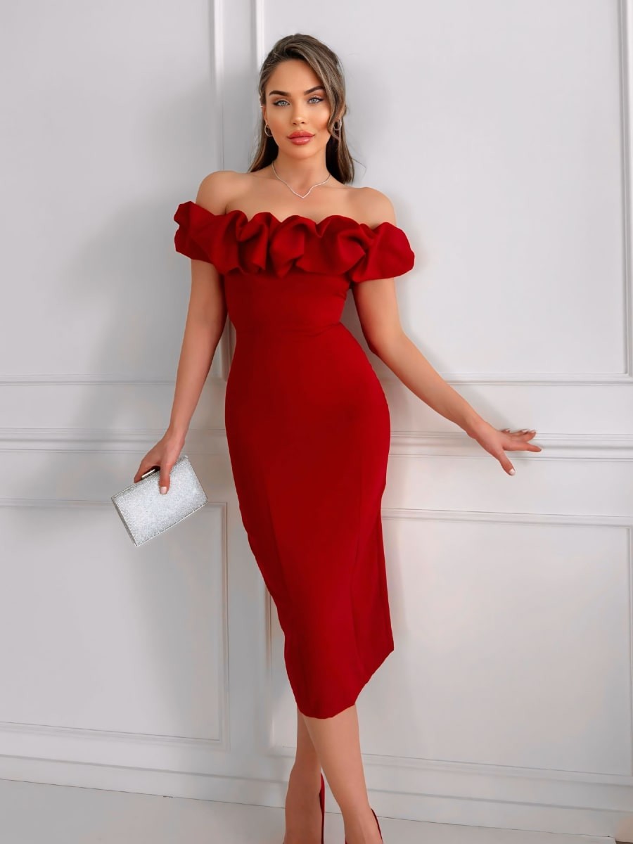 Off Shoulder Ruffle Trim Bodycon Dress